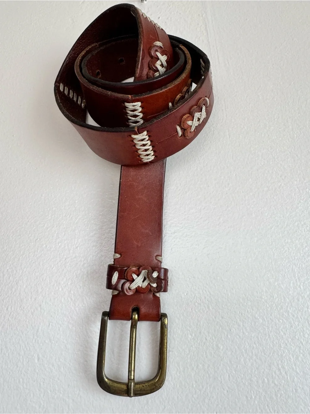 VTG 80’s Omega Southwestern Brown Leather Belt White Stitching made in Turkey  L
